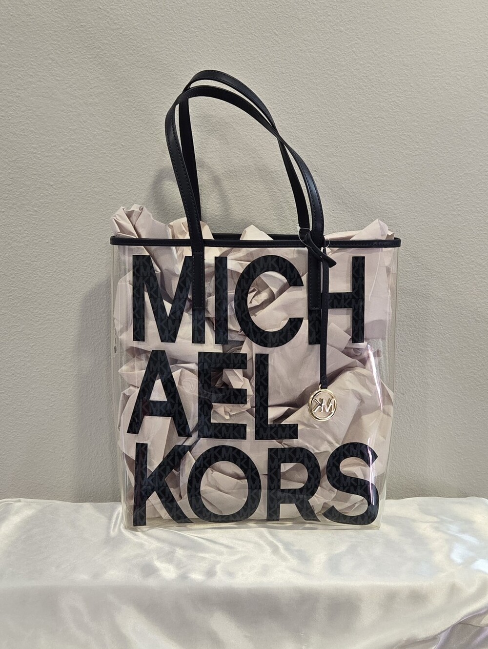 Michael Kors NWT Transparent Tote with Navy Blue Logo and Gold MK Charm